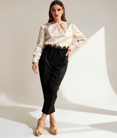 Blusa gazar con perlas y pantalón print seda